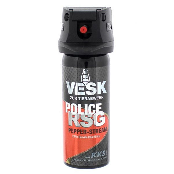 Pfefferspray Nebel VESK RSG Police 63 ml – kompakter Spraybehälter mit Breitstrahl und integrierter Sprühschutzkappe zur effektiven Selbstverteidigung