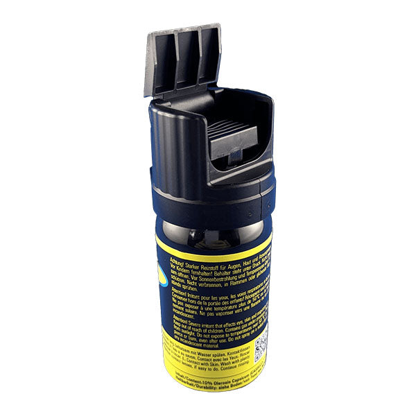 Pfefferspray Nebel BODYGUARD 40 ml, Seitenansicht des kompakten Sprühbehälters mit offener Schutzklappe