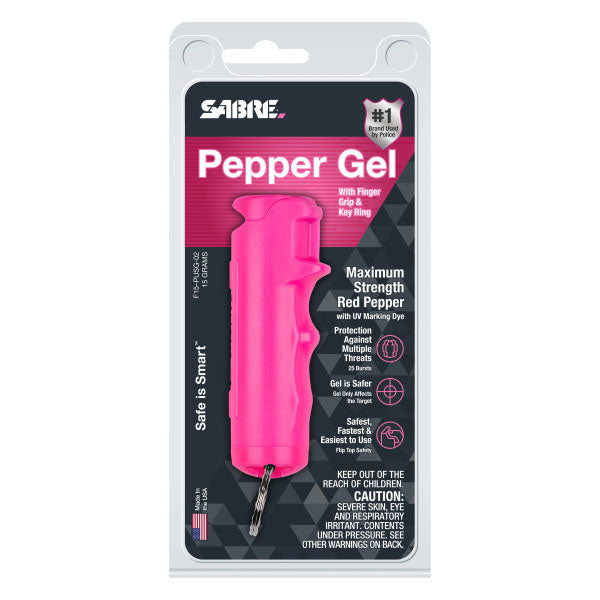 Pfefferspray F15 PEPPER GEL pink 15 ml – Produkt in transparenter Verpackung mit Fingergriff und Schlüsselring sichtbar