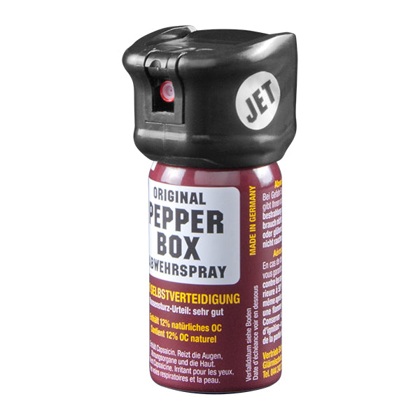 Pfefferspray Strahl TW1000 PEPPER-BOX JET 40 ml – kompakter lila farbener Spraybehälter mit ballistischem Flüssigstrahl
